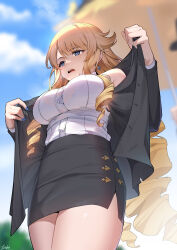 Rule 34 | 1girl, 1other, absurdres, alternate costume, black jacket, black skirt, blonde hair, blue eyes, blue nails, blue sky, breasts, cloud, commentary request, cowboy shot, day, drill hair, earrings, genshin impact, highres, jacket, jewelry, joehi, large breasts, long hair, long sleeves, miniskirt, nail polish, navia (genshin impact), no headwear, open clothes, open jacket, open mouth, outdoors, pencil skirt, shirt, skirt, sky, sleeveless, sleeveless shirt, solo focus, standing, thighs, very long hair, white shirt