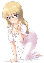 Rule 34 | 1girl, alternate hairstyle, arm support, bed sheet, blonde hair, blue eyes, blush, breasts, cleavage, closed mouth, commentary, darjeeling (girls und panzer), dated, girls und panzer, hair down, hand in own hair, hanging breasts, highres, kneeling, kuzuryuu kennosuke, large breasts, leaning forward, light frown, long hair, nightgown, on bed, one-hour drawing challenge, short sleeves, simple background, sleepwear, solo, twitter username, white background, white nightgown, wide hips