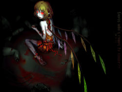 Rule 34 | 1girl, anklet, back, bare back, bare shoulders, barefoot, bell, blonde hair, blood, colored eyelashes, dark, dismembered, embodiment of scarlet devil, eyelashes, fangs, feet, female focus, flandre scarlet, goocn, guro, highres, injury, jewelry, jingle bell, leg ribbon, looking back, pointy ears, red eyes, ribbon, severed limb, short hair, sitting, solo, touhou, wariza, wings