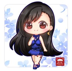 Rule 34 | 1girl, smile, bare shoulders, black hair, blue dress, blue footwear, chibi, closed mouth, crescent, crescent earrings, crescent moon, dress, earrings, final fantasy, final fantasy vii, final fantasy vii remake, full body, gold earrings, jewelry, long hair, looking at viewer, moon, neck ribbon, official alternate costume, red eyes, ribbon, single earring, smile, solo, square enix, standing, swept bangs, tifa lockhart, tifa lockhart (refined dress), winterpopurin