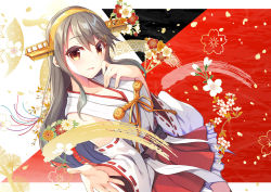 Rule 34 | 1girl, :d, bare shoulders, breasts, brown eyes, detached sleeves, dutch angle, from side, grey hair, gunp, haruna (kancolle), headgear, japanese clothes, kantai collection, large breasts, long hair, looking at viewer, nontraditional miko, open mouth, red skirt, skirt, smile, solo