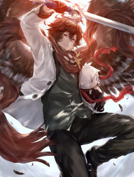 Rule 34 | 1boy, alternate costume, brown hair, casual, character doll, gloves, granblue fantasy, highres, jacket, lucifer (shingeki no bahamut), male focus, pants, red eyes, sandalphon (granblue fantasy), sandalphon (primarch afterhours) (granblue fantasy), scarf, short hair, smile, stuffed toy, sword, tukune, weapon, wings