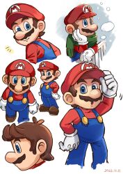 Rule 34 | 1boy, blue eyes, brown hair, facial hair, frown, gloves, grin, hand on own hip, hat, highres, looking at viewer, mario, mario (series), mustache, nintendo, overalls, scarf, smile, snowing