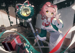 Rule 34 | 1girl, absurdres, animal ears, apron, arknights, bow, braid, cat ears, cat girl, christmas, christmas present, christmas wreath, detached sleeves, feet out of frame, floral print, flower, fur-trimmed sleeves, fur collar, fur trim, gift, goldenglow (arknights), goldenglow (maiden for the bright night) (arknights), green sweater, hair bow, hairband, highres, holding, holding staff, long hair, long sleeves, looking at viewer, official alternate costume, outdoors, pink hair, poinsettia, red hairband, red shirt, shirt, smile, snow, solo, staff, sweater, tsurukiri, white apron, white bow, wreath, yellow eyes