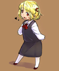 Rule 34 | 1girl, :d, ascot, bakuya, blonde hair, blouse, blush, blush stickers, child, dress, fang, full body, hair ribbon, happy, heart, highres, long sleeves, looking at viewer, open mouth, oversized clothes, pantyhose, red eyes, ribbon, rumia, shirt, shoes, short hair, simple background, sketch, smile, solo, touhou, white pantyhose