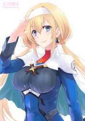 Rule 34 | 1girl, aqua eyes, blonde hair, blue dress, capelet, character name, copyright name, dress, earrings, goushou, hairband, jewelry, long sleeves, low twintails, military, military uniform, mitsuba greyvalley, necktie, red necktie, salute, single earring, smile, solo, super robot wars, super robot wars 30, triangle earrings, twintails, uniform, white capelet, white hairband