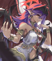 Rule 34 | angel wings, asymmetrical clothes, bat wings, black nails, black wings, bracelet, choker, collar, dark-skinned female, dark skin, darklord ixchel, duel monster, earrings, fallen angel, halo, highres, jewelry, metal collar, multiple wings, navel, pointy ears, purple hair, red eyes, red halo, solo, swept bangs, wings, yu-gi-oh!