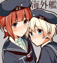 Rule 34 | 10s, 2girls, bad id, bad twitter id, blonde hair, blue eyes, blush, brown eyes, clothes writing, hat, kantai collection, looking at viewer, multiple girls, okia, orange hair, personification, sailor collar, short hair, z1 leberecht maass (kancolle), z3 max schultz (kancolle)