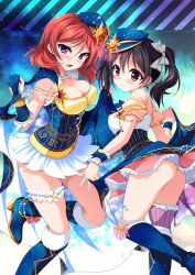 Rule 34 | 10s, 2girls, aries (symbol), ass, bare shoulders, black hair, blue footwear, blush, boots, breasts, cancer (constellation), cancer (symbol), cape, circle name, cleavage, constellation, detached sleeves, fur boots, fur trim, gem, hat, highres, knee boots, love live!, love live! school idol festival, love live! school idol project, multiple girls, ninoko, nishikino maki, print headwear, puffy detached sleeves, puffy sleeves, purple eyes, red eyes, red hair, single thighhigh, skirt, starry sky print, striped clothes, striped legwear, striped thighhighs, thigh strap, thighhighs, twintails, vertical-striped clothes, vertical-striped legwear, vertical-striped thighhighs, yazawa nico, zodiac