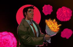 Rule 34 | 1boy, ace attorney, black background, black hair, bouquet, brown coat, closed mouth, coat, collared shirt, dick gumshoe, facial hair, flower, frown, goatee stubble, highres, holding, holding bouquet, kukustar (kukuu), long sideburns, long sleeves, looking at viewer, male focus, necktie, pink flower, red necktie, shirt, short hair, sideburns, signature, solo, stubble, upper body, yellow flower