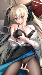 1girl bare_shoulders belt black_bow black_bra black_skirt blue_eyes bow bra braid breasts brown_pantyhose cameltoe cleavage fate/grand_order fate_(series) grey_hair hair_bow highres large_breasts long_hair long_sleeves looking_at_viewer morgan_le_fay_(chaldea_satellite_station)_(fate) morgan_le_fay_(fate) o-yatsu off_shoulder pantyhose ponytail shirt sidelocks skirt spread_legs thighs underwear very_long_hair white_shirt