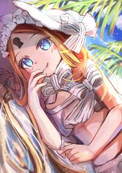 Rule 34 | 1girl, abigail williams (fate), abigail williams (swimsuit foreigner) (fate), abigail williams (swimsuit foreigner) (third ascension) (fate), bare shoulders, bikini, blonde hair, blue eyes, blue sky, blush, bonnet, bow, breasts, closed mouth, fate/grand order, fate (series), forehead, hair bow, hair rings, highres, keyhole, long hair, looking at viewer, lying, minertime, miniskirt, on side, palm tree, parted bangs, sidelocks, skirt, sky, small breasts, smile, solo, swimsuit, tree, twintails, very long hair, white bikini, white bow, white headwear