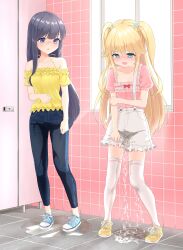 Rule 34 | 2girls, absurdres, aqua eyes, arm at side, bathroom, black hair, blonde hair, blue eyes, blue footwear, blue pants, blush, bow, breasts, breath, collarbone, commission, cross-laced footwear, day, denim, door, dress, embarrassed, female focus, flat chest, frilled shirt, frilled shorts, frills, fujisawa yuzu, full body, hair bow, hair flaps, hand up, highres, holding own arm, indoors, jeans, long hair, misumi aoi, multiple girls, nose blush, off-shoulder dress, off shoulder, ongeki, open mouth, pants, pee, peeing, peeing self, pink background, pink shirt, puddle, puffy short sleeves, puffy sleeves, raised eyebrows, reflection, shirt, shirt tucked in, shoes, short shorts, short sleeves, shorts, sidelocks, skeb commission, small breasts, standing, suspender shorts, suspenders, tears, thighhighs, tile floor, tile wall, tiles, two side up, urabe miyabi, wet pants, white shorts, white thighhighs, window, yellow footwear, yellow shirt