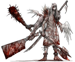 Rule 34 | armor, asymmetrical arms, axe, barefoot, blood, blood on clothes, bloody weapon, chain, cleaver, cloak, club, club (weapon), extra arms, eyepatch, full body, holding, holding axe, holding knife, kankan33333, knife, looking at viewer, one eye covered, original, solo, spiked club, standing, stitches, sword, weapon, white wings, wings