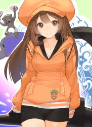 Rule 34 | 1girl, akisa yositake, anchor, anchor symbol, animal, arc system works, backpack, bag, bike shorts, black gloves, black shorts, blush, breasts, brown eyes, brown hair, cabbie hat, character request, cleavage, collarbone, crotch seam, dolphin, fingerless gloves, gloves, guilty gear, hair between eyes, hand fan, hat, highres, holding, holding weapon, hood, hood down, hoodie, huge weapon, jacket, long hair, long sleeves, looking at viewer, may (guilty gear), medium breasts, orange hat, orange hoodie, orange jacket, otter, shorts, smile, solo, thigh gap, tidal wave, v-neck, waves, weapon