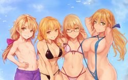 Rule 34 | 1boy, 3girls, areola slip, armpits, arms up, azusa (cookie), bare arms, bare shoulders, bikini, bird, black bikini, blonde hair, blue one-piece swimsuit, blue sky, blue slingshot swimsuit, bow, breasts, cleavage, commentary request, cookie (touhou), covered erect nipples, day, flat chest, green eyes, hair bow, highres, kirisame marisa, large breasts, long hair, looking at viewer, mars (cookie), multiple girls, navel, nuppehofu (nibuta), one-piece swimsuit, pink bikini, pink bow, rei (cookie), side-tie bikini bottom, sky, slingshot swimsuit, smile, string bikini, swimsuit, topless, touhou, uzuki (cookie), yellow eyes