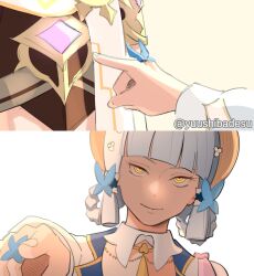 Rule 34 | 1boy, 1girl, aether (genshin impact), alternate eye color, ayaka (genshin impact), blunt bangs, butterfly hair ornament, closed mouth, comic, commentary, english commentary, evil smile, fingernails, genshin impact, grey hair, hair ornament, hat, highres, kamisato ayaka, kamisato ayaka (springbloom missive), official alternate costume, pointing, ringed eyes, scarf, smile, twitter username, white scarf, yandere, yellow eyes, yuushiba