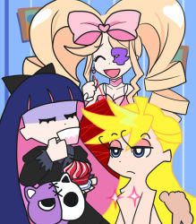 Rule 34 | 10s, 3girls, big hair, blonde hair, bow, censored, creator connection, crossover, dress, drill hair, drinking, eyepatch, frown, hair bow, harime nui, honekoneko (psg), kill la kill, long hair, multiple girls, nude, panty &amp; stocking with garterbelt, panty (psg), pink bow, siblings, sisters, smile, stocking (psg), twin drills, twintails