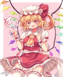 Rule 34 | 1girl, ascot, back bow, blonde hair, blush, border, bow, breasts, buttons, collared shirt, cowboy shot, fang, flandre scarlet, frilled ascot, frilled shirt collar, frilled skirt, frilled thighhighs, frills, hat, hat ribbon, highres, kemo chiharu, large bow, medium hair, mob cap, multicolored wings, one side up, open mouth, pink background, puffy short sleeves, puffy sleeves, red bow, red eyes, red ribbon, red skirt, red vest, ribbon, shirt, short sleeves, simple background, skirt, skirt set, sleeve bow, small breasts, solo, thighhighs, touhou, vest, white border, white bow, white hat, white shirt, white thighhighs, wings, wrist cuffs, yellow ascot