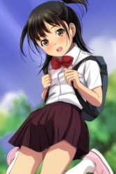 Rule 34 | 1girl, :d, absurdres, backpack, bag, black hair, blue scrunchie, blurry, blurry background, blush, bow, brown eyes, brown skirt, collared shirt, day, depth of field, dress shirt, grey panties, hair ornament, hair scrunchie, highres, holding strap, jumping, kneehighs, long hair, looking at viewer, matsunaga kouyou, nose blush, open mouth, original, outdoors, panties, pink footwear, pleated skirt, red bow, scrunchie, shirt, shoes, short sleeves, skirt, smile, socks, solo, teeth, two side up, underwear, upper teeth only, white shirt, white socks