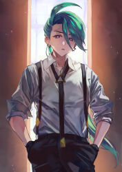 Rule 34 | 1girl, ahoge, black gloves, black necktie, black pants, bright pupils, collared shirt, commentary request, cowboy shot, creatures (company), earrings, game freak, gloves, green hair, hair between eyes, hands on own hips, highres, jewelry, long hair, looking at viewer, necktie, nintendo, otsudou, pants, parted lips, pokemon, pokemon sv, ponytail, red eyes, rika (pokemon), shirt, sleeves rolled up, solo, stud earrings, suspenders, white pupils