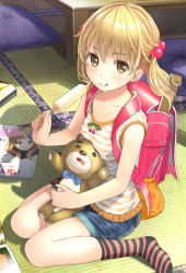Rule 34 | 1girl, :d, backpack, bad id, bad pixiv id, bag, blonde hair, blush, breasts, brown eyes, child, commentary, denim, denim shorts, food, hair bobbles, hair ornament, holding, licking lips, long hair, looking at viewer, open mouth, original, popsicle, randoseru, shirt, shorts, sitting, sleeveless, sleeveless shirt, small breasts, smile, socks, solo, striped clothes, striped shirt, striped socks, stuffed animal, stuffed toy, tatami, teddy bear, tongue, tongue out, twintails, wariza, yoropa
