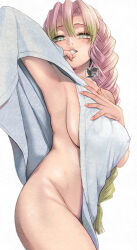 Rule 34 | armpits, breasts, kanroji mitsuri, kimetsu no yaiba, large breasts, looking at viewer, nude, towel over breasts, yuki (yuki3243)