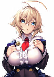 Rule 34 | 1girl, ahoge, ascot, blazblue, blonde hair, blue eyes, breasts, center frills, es (xblaze), frills, highres, large breasts, looking at viewer, red ascot, shirt, short hair, simple background, solo, takanashi-a, white background, white shirt, xblaze