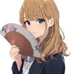 Rule 34 | 1girl, beppu tamaki, brown hair, closed mouth, commentary request, grey eyes, hand fan, holding, holding fan, lips, long hair, long sleeves, looking at viewer, multicolored nails, nail polish, onsen musume, out of frame, ponkan 8, simple background, smile, solo, white background