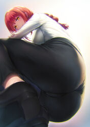 Rule 34 | 1girl, ass, ass focus, black footwear, black pants, braid, braided ponytail, breasts, chainsaw man, collared shirt, dress shirt, high-waist pants, highres, hisasi, huge ass, large breasts, loafers, long hair, long sleeves, makima (chainsaw man), pants, pantylines, red hair, ringed eyes, shirt, shoes, sidelocks, smile, solo, thighs, white shirt, yellow eyes