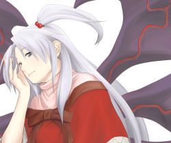 Rule 34 | 1girl, capelet, female focus, grey eyes, hair bobbles, hair ornament, light purple hair, long hair, multiple wings, mystic square, ribbon, serene (gusarme), shinki (touhou), side ponytail, simple background, smile, solo, touhou, touhou (pc-98), turtleneck, wings