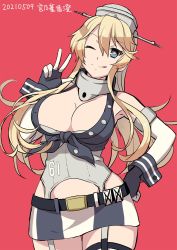 Rule 34 | 1girl, artist name, blonde hair, blue eyes, breasts, cleavage, cowboy shot, dated, fingerless gloves, front-tie top, garter straps, gloves, headgear, highres, iowa (kancolle), kantai collection, kotonoha kasumi, large breasts, looking at viewer, miniskirt, one eye closed, red background, skirt, solo, star-shaped pupils, star (symbol), striped clothes, striped skirt, symbol-shaped pupils, thighhighs, v, vertical-striped clothes, vertical-striped skirt