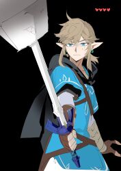 Rule 34 | 1boy, black background, blue eyes, brown gloves, brown hair, closed mouth, fingerless gloves, gloves, health bar, higashino, highres, holding, holding sword, holding weapon, hood, hood down, link, looking at viewer, male focus, master sword, nintendo, pointy ears, ponytail, shaded face, simple background, solo, sweat, sword, the legend of zelda, the legend of zelda: breath of the wild, upper body, weapon