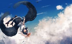 Rule 34 | 1girl, above clouds, arm above head, bad id, bad pixiv id, bird wings, black feathers, black ribbon, black skirt, black thighhighs, black wings, blue sky, breasts, camera, closed mouth, cloud, cloudy sky, expressionless, feathered wings, feathers, flying, frilled skirt, frills, geta, hand fan, hat, highres, holding, holding camera, holding fan, kougekiryoku, large wings, looking at viewer, looking to the side, medium breasts, neck ribbon, outdoors, pleated skirt, red footwear, red hat, ribbon, ribbon-trimmed shirt, shameimaru aya, shirt, short sleeves, skirt, sky, solo, tengu-geta, thighhighs, tokin hat, touhou, upside-down, white shirt, wind, wings, zettai ryouiki