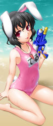 Rule 34 | 1girl, :p, animal ears, bare legs, bare shoulders, beach, black hair, carrot, carrot necklace, covered navel, female focus, henshako, inaba tewi, jewelry, looking at viewer, necklace, ocean, one-piece swimsuit, pendant, pink one-piece swimsuit, rabbit ears, rabbit girl, rabbit tail, red eyes, school swimsuit, shiny clothes, short hair, sitting, skindentation, smile, solo, swimsuit, tail, tongue, tongue out, touhou, wariza, water, water gun, wet, wet clothes