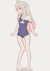 Rule 34 | 1girl, ahoge, bare arms, bare legs, bare shoulders, barefoot, blonde hair, blush, brown eyes, character name, chickenangel, clenched hands, colored inner hair, commentary request, full body, highres, long hair, looking away, looking to the side, multicolored hair, name tag, onii-chan wa oshimai!, oyama mahiro, pink hair, school swimsuit, simple background, solo, standing, strap slip, swimsuit, two-tone hair, white background
