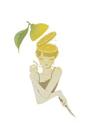 Rule 34 | 1girl, absurdres, bare arms, bare shoulders, blonde hair, blush, breasts, cleavage, collarbone, crying, eyelashes, facing viewer, food, fruit, hand up, highres, holding, holding knife, juice, knife, leaf, lemon, lemon slice, non porn, open mouth, original, self-harm, simple background, sleeveless, slice, solo, spaghetti strap, split head, strap gap, surreal, swept bangs, tears, upper body, white background, xingle