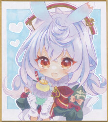Rule 34 | 1girl, animal ears, blush, border, cupcake, eyelashes, food, genshin impact, gloves, grey hair, heart, holding, holding food, open mouth, puffy sleeves, short twintails, sigewinne (genshin impact), solo, traditional media, twintails, upper body, white border, white gloves, white hair, wminiminiw