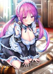 Rule 34 | 1girl, apron, black dress, blue hair, breasts, broom, bucket, cleavage, detached sleeves, dress, frown, highres, hololive, indoors, kneeling, large breasts, long hair, long sleeves, looking at viewer, maid, maid apron, maid headdress, masi masio, minato aqua, multicolored hair, open mouth, purple eyes, purple hair, solo, twintails, virtual youtuber, wet, wooden bucket