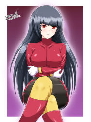 Rule 34 | 1girl, black hair, black socks, blunt bangs, blush, boots, border, breasts, closed mouth, creatures (company), crossed arms, crossed legs, female focus, game freak, gloves, gradient background, knee boots, kneehighs, large breasts, long hair, long sleeves, looking at viewer, nintendo, outside border, pantyhose, pencil skirt, pokemon, pokemon frlg, purple background, red eyes, red footwear, red shirt, red skirt, sabrina (pokemon), shirt, side slit, simple background, sitting, skirt, socks, solo, turtleneck, white border, white gloves, yellow socks, yensh