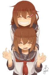 Rule 34 | 10s, 2girls, ^ ^, blush, brown hair, dated, closed eyes, grin, hair ornament, hairclip, hands on another&#039;s shoulders, highres, ikazuchi (kancolle), inazuma (kancolle), kantai collection, multiple girls, open mouth, school uniform, serafuku, short hair, signature, simple background, smile, tabiaki (cosy catastrophe), tabisora, teeth, white background