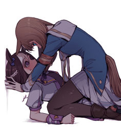 Rule 34 | 2girls, animal ears, armband, black legwear, blue eyes, boots, bow, brown hair, commentary request, ear ribbon, from side, girl on top, grass wonder (umamusume), horse ears, horse girl, horse tail, long hair, long sleeves, multiple girls, pantyhose, short sleeves, simple background, skirt, special week (umamusume), sungwon, tail, umamusume, white background, wrist cuffs