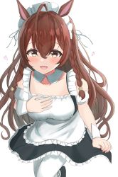 Rule 34 | 1girl, absurdres, ahoge, alternate costume, animal ears, attouteki ojousama, blush, braid, breasts, brown hair, collarbone, commentary request, enmaided, hair between eyes, highres, horse ears, horse girl, horse tail, looking at viewer, maid, maid headdress, medium breasts, mejiro bright (umamusume), pantyhose, simple background, solo, tail, twin braids, umamusume, white background, white pantyhose