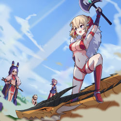 Rule 34 | 4girls, :d, absurdres, animal ears, animal hood, arm up, armlet, armor, armored boots, armpits, axe, ayanami (azur lane), ayanami (dynamic kick!) (azur lane), azur lane, bare shoulders, battle axe, bikini, bikini armor, black gloves, black ribbon, black shorts, blonde hair, blue dress, blue eyes, blue robe, blue sky, blush, boots, breasts, capelet, chinese commentary, circlet, cleavage, closed mouth, cloud, commentary request, crop top, day, dragon, dress, fake animal ears, fingerless gloves, flat chest, fur capelet, gauntlets, gloves, green eyes, groin, hair between eyes, hair ribbon, hand on own hip, headgear, high ponytail, highleg, highleg bikini, highres, holding, holding axe, holding staff, holding sword, holding weapon, hood, hood up, hooded robe, javelin (a legend is born?!) (azur lane), javelin (azur lane), knee boots, laffey (azur lane), laffey (sleepageddon) (azur lane), large breasts, long hair, looking at another, magician, medium hair, midriff, multiple girls, navel, official alternate costume, one eye closed, on one knee, open clothes, open mouth, open robe, orange eyes, outdoors, pelvic curtain, ponytail, purple hair, rabbit ears, rabbit hood, red armor, red bikini, red eyes, red scarf, revealing clothes, ribbon, robe, rock zinc, scarf, shirt, short hair, shorts, sidelocks, skindentation, sky, sleeveless, sleeveless dress, sleeveless shirt, small breasts, smile, staff, standing, stomach, swimsuit, sword, thigh strap, weapon, white hair, white shirt, z23 (azur lane), z23 (upgrade failure?!) (azur lane)