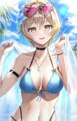 Rule 34 | 1girl, absurdres, arm strap, bare shoulders, bikini, black choker, blonde hair, blue bikini, blue nails, blue sky, breasts, choker, collarbone, commentary request, day, eyewear on head, front-tie bikini top, front-tie top, genshin impact, hair between eyes, heart, heart-shaped eyewear, highres, jewelry, large breasts, looking at viewer, lumine (genshin impact), navel, necklace, otabaaa, outdoors, parted lips, pink-tinted eyewear, see-through, short hair, sky, smile, solo, stomach, sunlight, swimsuit, teeth, tinted eyewear, upper teeth only, yellow eyes