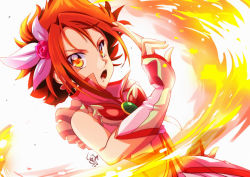 Rule 34 | 1girl, :o, brooch, butterfly earrings, cure rouge, dated, earrings, fingerless gloves, fire, flower, frills, gloves, hair flower, hair ornament, jewelry, looking at viewer, magical girl, natsuki rin, open mouth, orange eyes, pink flower, pink rose, precure, red hair, rose, short hair, signature, solo, spiked hair, tomo5656ky, upper body, vest, yes! precure 5, yes! precure 5 gogo!