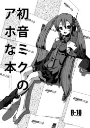 Rule 34 | asymmetrical clothes, barefoot, blush, cover, detached sleeves, feet, greyscale, hatsune miku, long hair, monochrome, necktie, single thighhigh, skirt, solo, thighhighs, twintails, vocaloid, yada ei