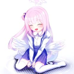 Rule 34 | 1girl, aged down, angel wings, blue archive, blue skirt, blush, closed eyes, flower, hair bun, hair flower, hair ornament, halo, highres, long hair, long sleeves, mika (blue archive), open mouth, pink hair, shirt, side bun, simple background, single side bun, sitting, skirt, smile, thighhighs, white background, white muffler, wings