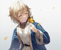 Rule 34 | 1girl, ^ ^, ahoge, blonde hair, blue robe, blush, bug, butterfly, butterfly on hand, closed eyes, closed mouth, commentary, dungeon meshi, falin touden, falin touden (tallman), grey shirt, grin, hair between eyes, highres, hoshiko (419401x), insect, long sleeves, open clothes, open robe, robe, shirt, short hair, sidelocks, simple background, smile, solo, standing, teeth, upper body, white background, white robe