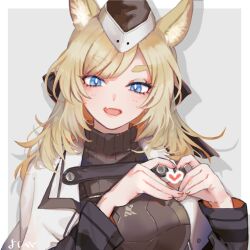 Rule 34 | 1girl, arknights, armor, black hat, blonde hair, blue eyes, border, drop shadow, fang, garrison cap, grey background, hands up, hat, heart, heart hands, highres, jacket, kingdom of kazimierz logo, long sleeves, looking at viewer, medium hair, open mouth, outside border, ribbed sweater, simple background, skin fang, smile, solo, sweater, thick eyebrows, whislash (arknights), white border, white jacket, yoshiga
